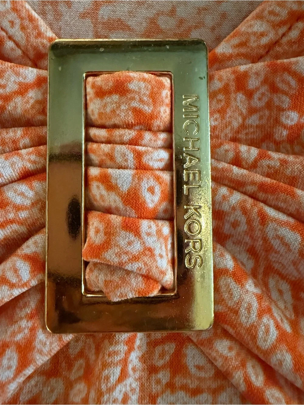 Michael Kors Orange Patterned V-Neck Top with Decorative Gold Buckle